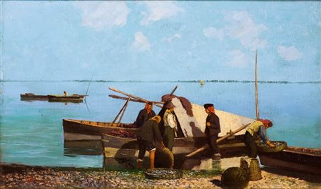PISANO GIOVANNI Sevi (NU) 1875 - 1964 Torino "Pescatori sulla spiaggia" 30x50...
