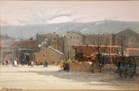 MANFREDI SERGIO Torino 1932 "Periferia di Susa" 1976 30x45 olio su cartoncino...