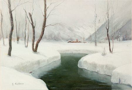 COLMO GIOVANNI Torino 1867 - 1947 "Quiete invernale" 27x37 olio su cartone...