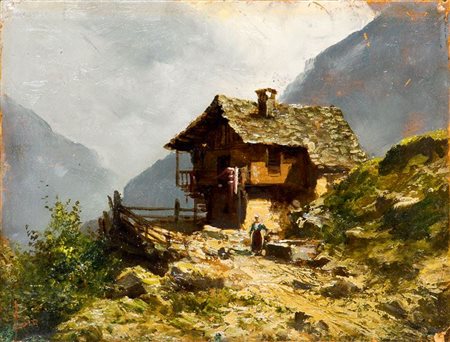 BO GIACINTO Torino 1832 - 1925 Montanaro (TO) "Baita con contadina" 21x28...