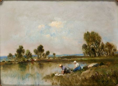 VERNON PAUL Parigi 1796 - 1875 "Lavandaie al fiume" 24x32,5 olio su tavoletta...