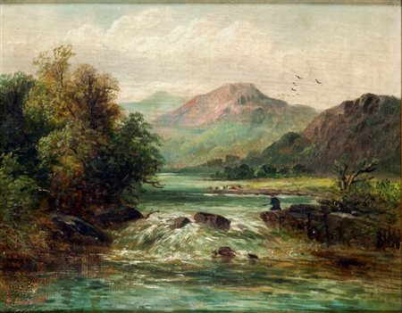 BENNET E. "Paesaggio lacustre" 20x25 olio su tela Opera firmata in basso a...