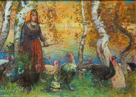 CASCELLA TOMMASO I 1951 "Guardiani di tacchini" 74,5x102 gessetti colorati su...