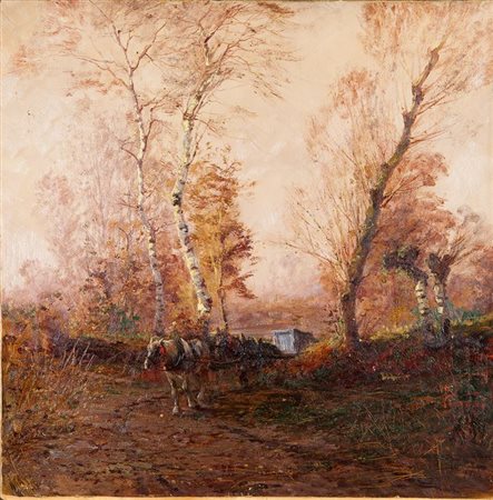 RODA LEONARDO Racconigi (CN) 1868 - 1933 "Carretto nel bosco" 1910 45x44 olio...