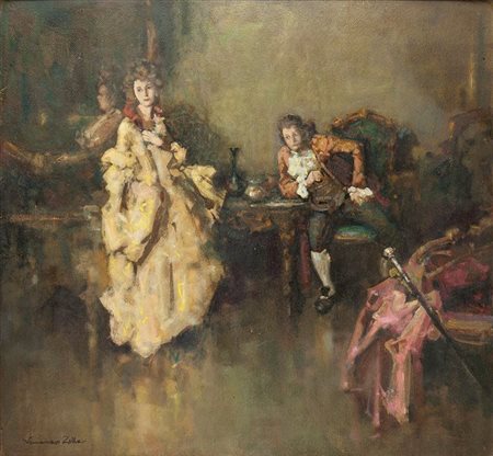 ZOLLA VENANZIO GB 1880 - 1961 Torino "Scena galante" 56x59 olio su cartoncino...