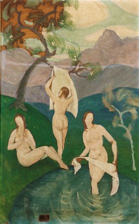 CRAVANZOLA ALBERTO Torino 1903 - 1966 "Donne al bagno" 1927 45,5x29 olio su...