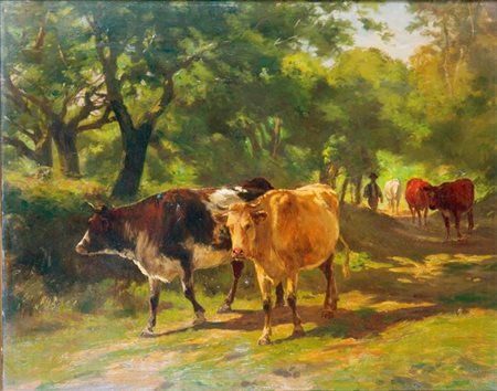 PITTORE ANONIMO DELL'800 "Paesaggio con mucche" 54,5x65 olio su tela