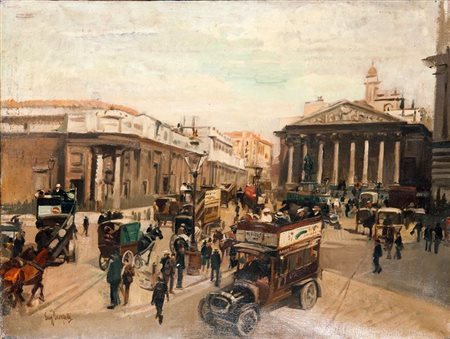 SCORZELLI EUGENIO Argentina 1890 - 1960 Napoli "Trafalgar square" 48x64 olio...