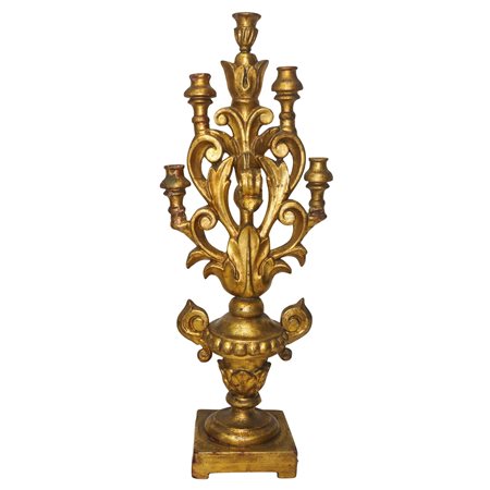 Candeliere 5 luci in legno dorato a foglia, End XVIII