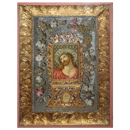 Capezzale in cornice dorata con immagine centrale Ecce Homo, Sicily 19° secolo 
