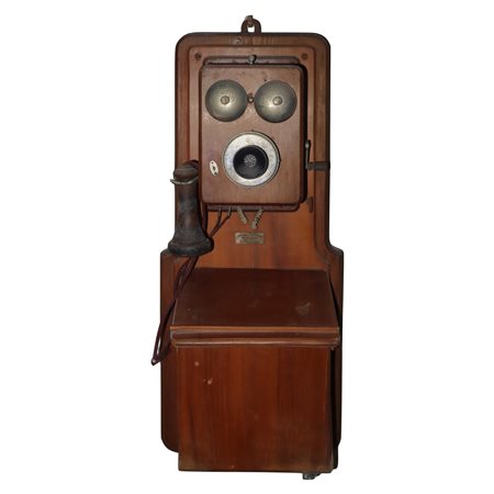 Antico telefono da muro in legno a manovella, Gerosa Electrical Workshop