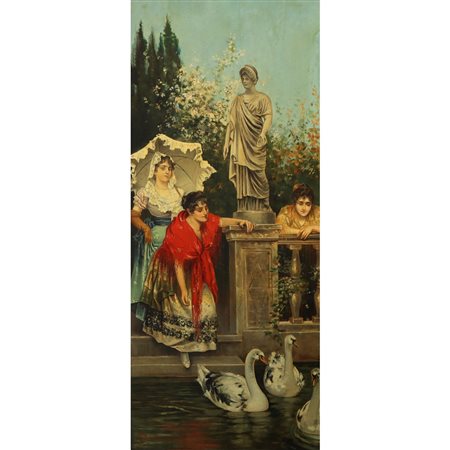 Pilade Bertieri (1874-1965)  - Donne in giardino con cigni