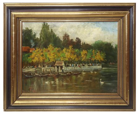 Franz Skarbina (Berlino 1849-Berlino 1910)  - Paesaggio con lago