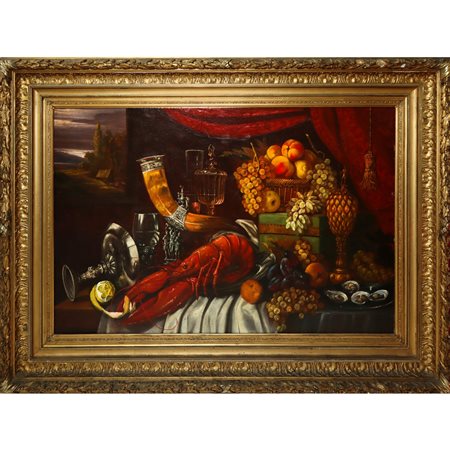 Natura morta con cornucopia e aragosta, in importante cornice., European school, 19° secolo 