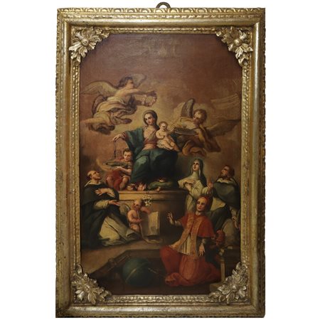 Madonna del rosario con bambino Gesù, angeli e santi, Sicilian painter Fine 18th/Primi 19° secolo 