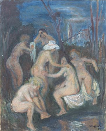 MARIO VARAGNOLO (Venezia, 1901 - 1971) Bagnanti 1941 olio su tavola cm. 40x50...