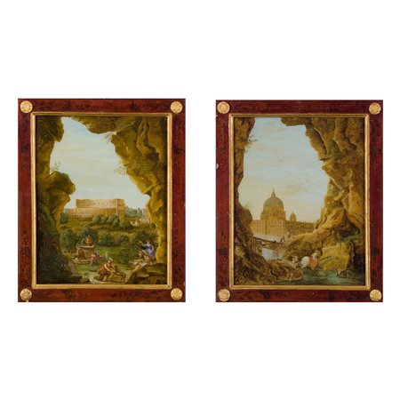 Pittore romano del XVIII secolo, Due vedute di fantasia di San Pietro e del Colosseo