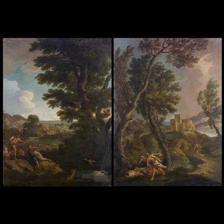 Andrea Locatelli (Roma 1695 - 1741), attr.a, Coppia di paesaggi con figure
