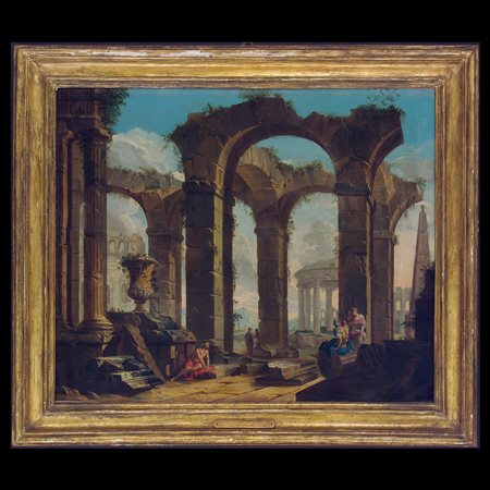 Giovanni Paolo Pannini (Piacenza 1691 - Roma 1765), attr.a, Capriccio architettonico con figure
