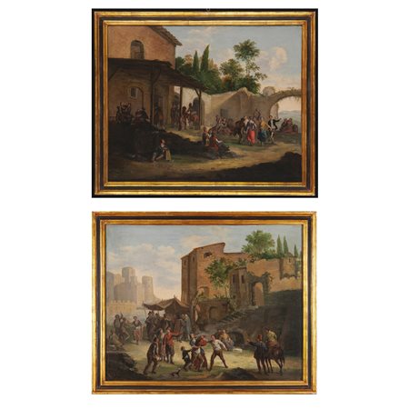 Pietro Domenico Olivero (Torino, 1679 – Torino, 1755), Coppia di scene campestri di fronte ad una locanda 