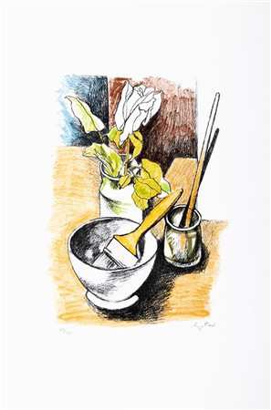 Renato Guttuso (Bagheria 1911-Roma 1987)  - Natura morta con rosa e pennelli