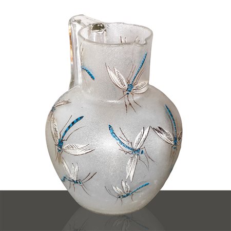 Boccale in vetro con smalti raffiguranti libellule, Deco