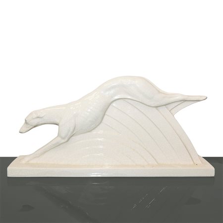 Lemanceau Charles (1905-1980)  - Levriero in corsa, scultura in maiolica invetriata, 1930, Art Deco
