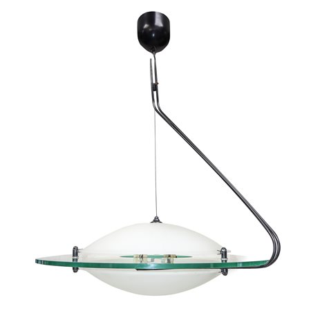 Sospensione con tubolare a L, diffusore in vetro di Murano trasparente