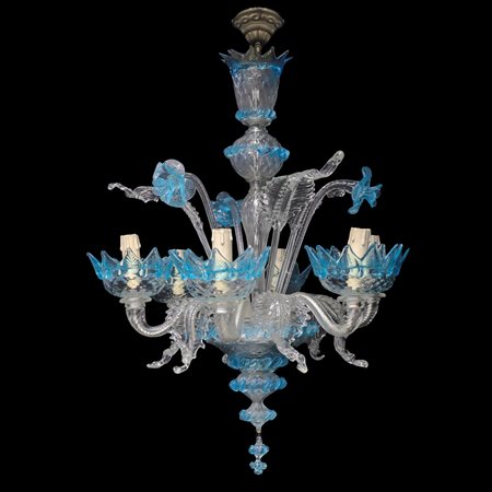 Lampadario vetro di Murano celeste, 20° secolo