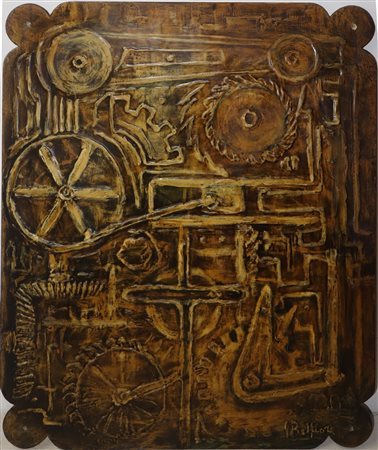 G. Belfiore - Panello decorativo raffigurante Ingranaggi e croce nei toni dell'ocra