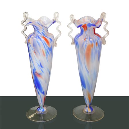 Fratelli Toso - Coppia vasi in vetro di Murano nei toni del blu e dell'arancione