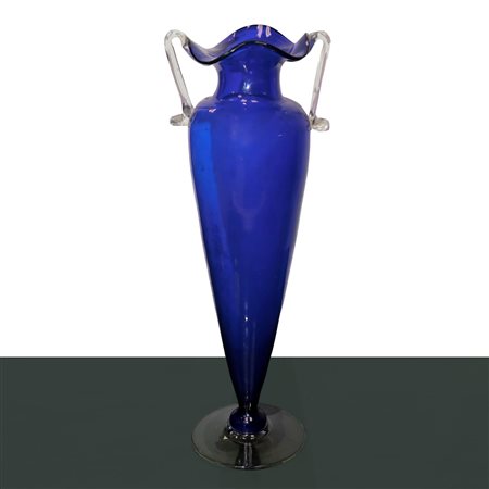 Vaso in vetro di Murano blu, con anse trasparenti