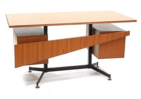 SCRIVANIA Scrivania a sei cassetti, telaio in metallo laccato nero, piano in...