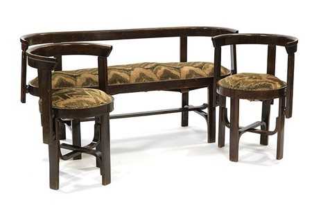 SALOTTO Divanetto e due poltroncine in legno di faggio curvato, rivestimento...