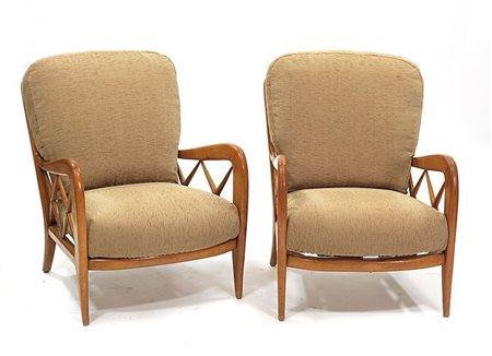 POLTRONE Coppia di poltroncine con telaio in legno di faggio. Rivestimento in...