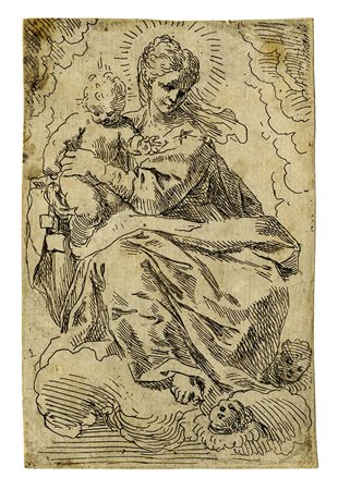 Simone Cantarini  [attribuito a], La Vergine con il Bambino sulle nubi. 