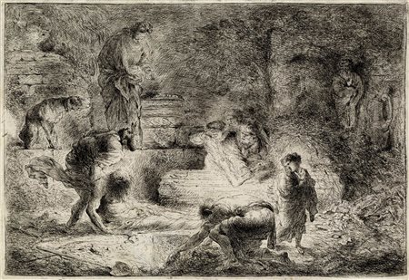 Giovanni Benedetto Castiglione (detto il Grechetto), Tobia seppellisce i morti. 1647-1651.