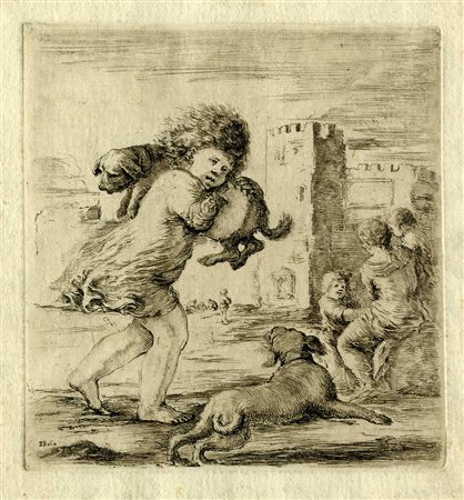 Stefano Della Bella, Bambino con cucciolo di mastino sulla spalla. 1662.