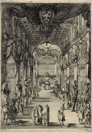 Stefano Della Bella, Veduta della navata centrale di San Lorenzo con il catafalco del principe Francesco De' Medici. 1634.
