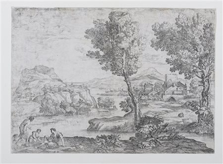 Giovanni Francesco Grimaldi, Paesaggio con la fuga in Egitto / Paesaggio con uomo in piedi e due seduti sulle rive di un fiume. 1630-1680.
