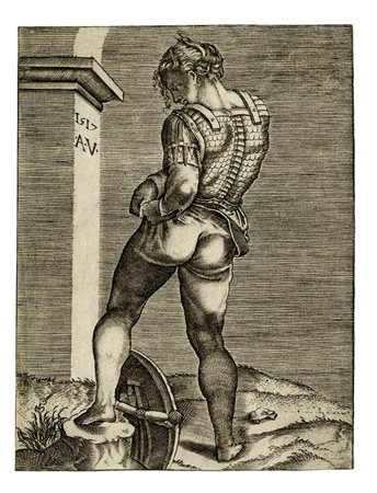 Agostino Veneziano  [da], Soldato in piedi che si riveste.  1517.