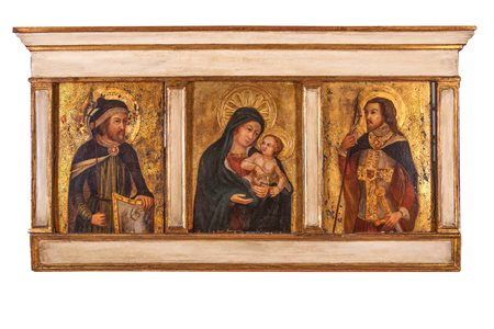 Anonimo del XV secolo, Trittico con Madonna col Bambino e un piccolo gatto, fra San Giorgio e San Maurizio (?). 