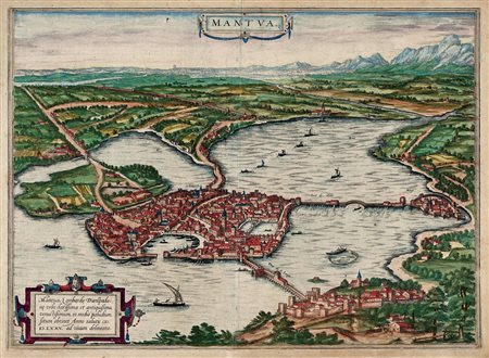 Georg Braun Frans Hogenberg, Mantua, Lombardie, Transpadane Urbs clarissima et antiquissima, venustissimum, in medio paludium,situm obtinet Anno salutis CIƆ.IƆ.LXXV. Köln: Gottfried von Kempen, 1575. 