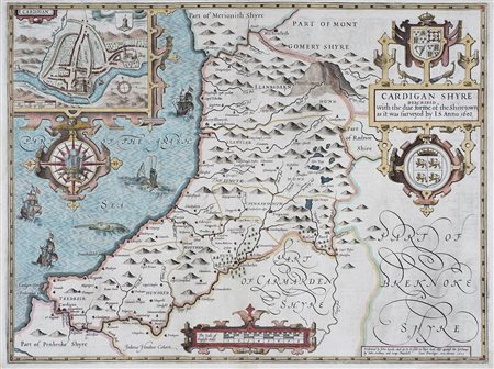 John Speed , Cardigan Shyre Described with the due forme of the Shiretown as it was furveyed by I.S. Anno 1610. John Sudbury & George Humble [1611].