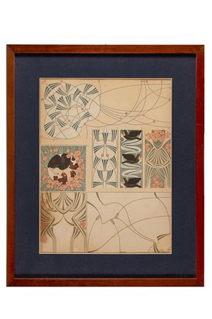 Anonimo liberty, Decorazioni per interno (azzurro, rosa, grigio e nero). 