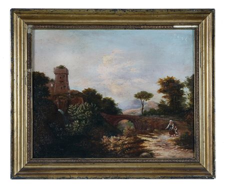 Andrea  Markò  [attribuito a], Paesaggio con ponte e torrione. 
