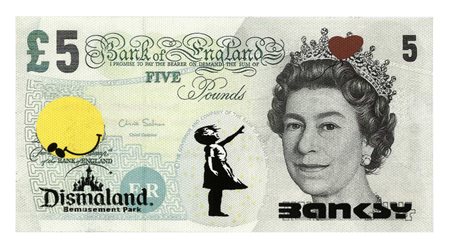Banksy, Dismal dollar canvas. Queen Elizabeth and The balloon girl. 2015.