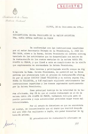 Peron, Evita  (nata María Eva Duarte Los Toldos, 7 maggio 1919 -  Buenos Aires, 26 luglio 1952) - Documento 