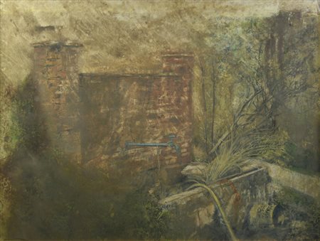 Piero Vignozzi LA FONTE tecnica mista su carta applicata su tela, cm 41x54 firma