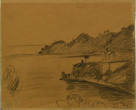 Arturo Tosi (1871 - 1956) PAESAGGIO CON LAGO matita su carta, cm 21x25 firma